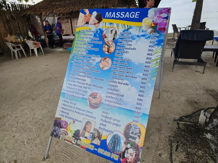Tarifs des massages sur la plage de l'hôtel