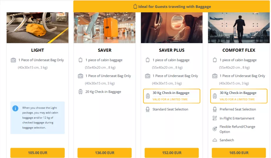 Classes tarifaires de Pegasus Airlines