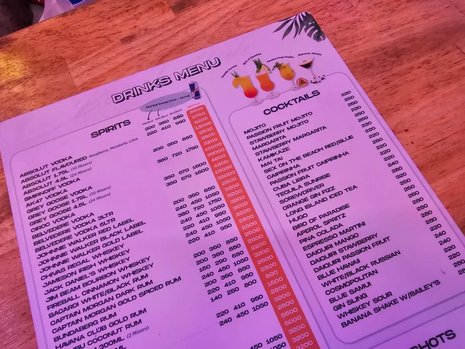 ARK beach club, prix des boissons