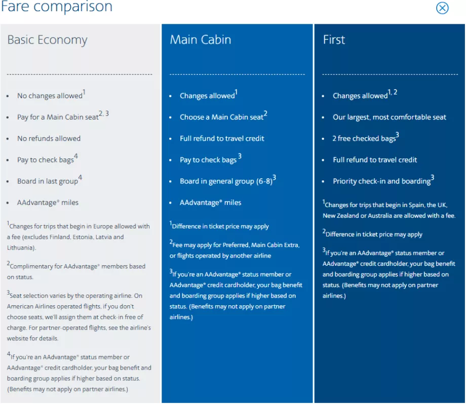 Tarifs intérieurs d'American Airlines