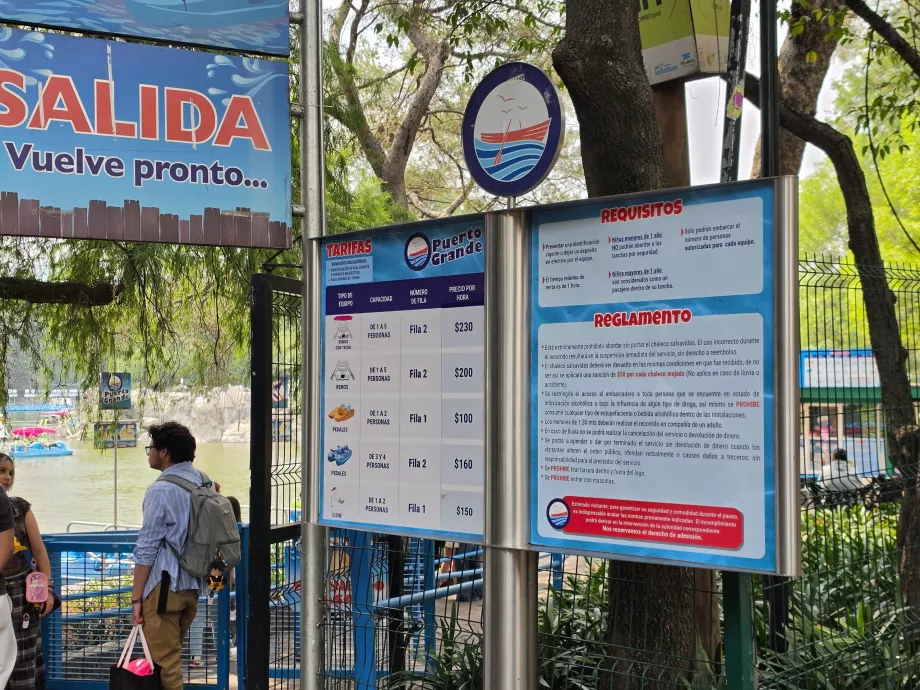 Bosque de Chapultepec, liste de prix pour les bateaux