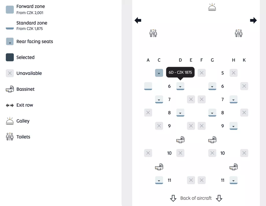 Plan des sièges et prix de la sélection des sièges