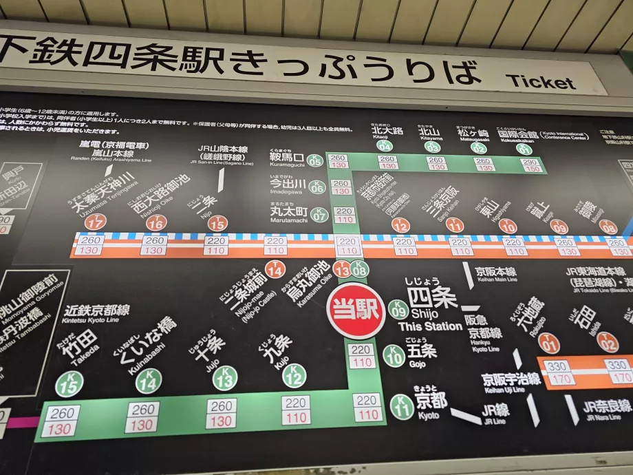 Carte des prix du métro de Kyoto