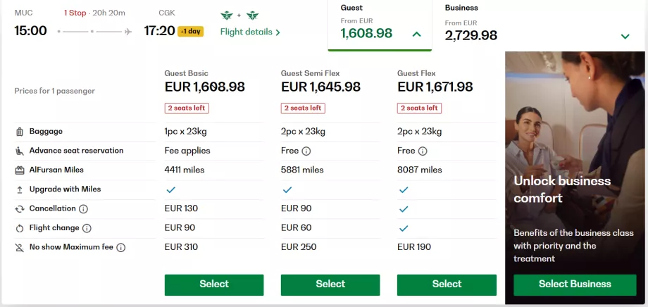 Tarifs de la classe économique