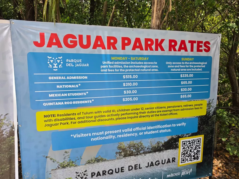 Site archéologique de Tulum, tarifs d'entrée