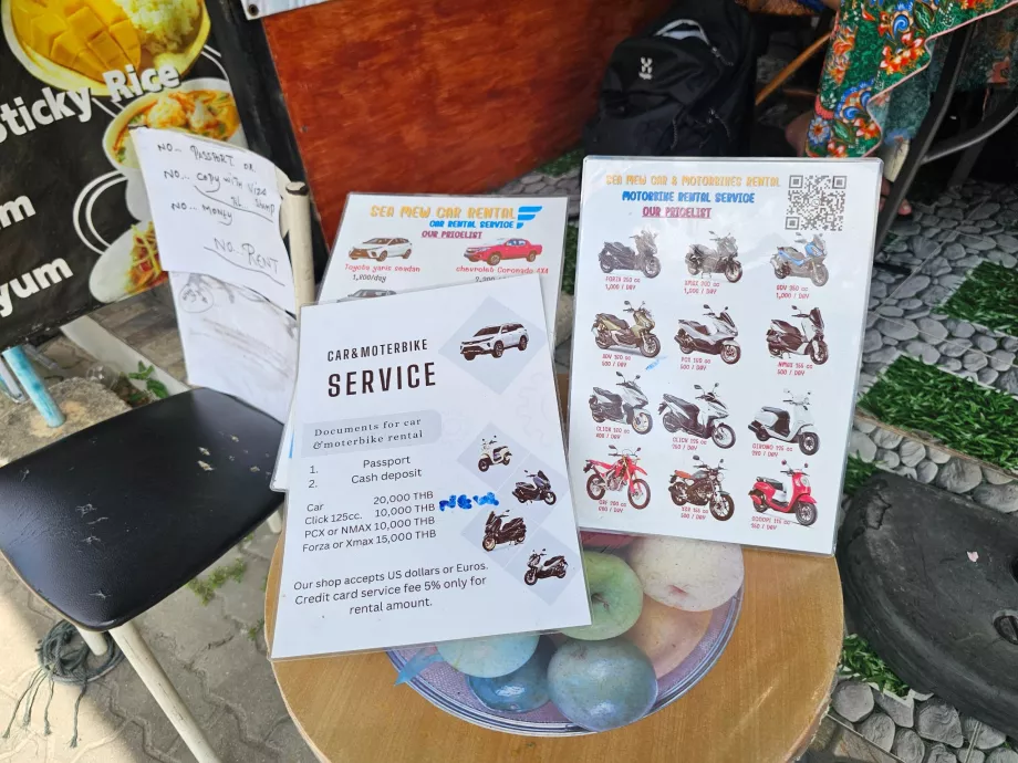 Liste des prix de location des scooters