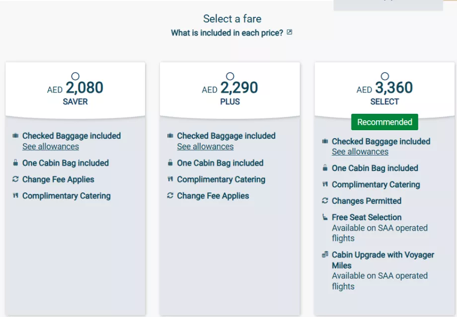 Classes tarifaires de South African Airways