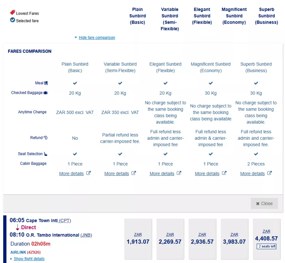 Classes tarifaires Airlink