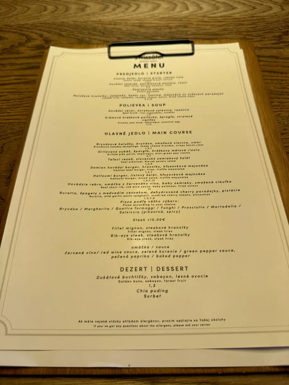 Menu pour la demi-pension