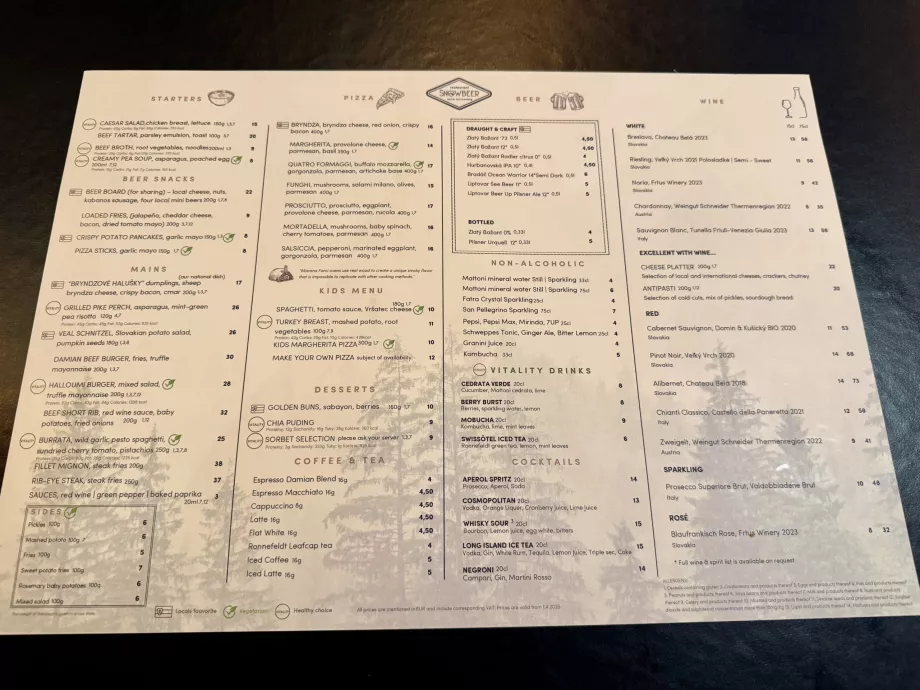 Menu de la bière de neige avec les prix