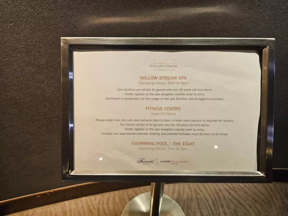 Horaires d'ouverture de la piscine, de la salle de sport et du spa