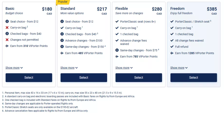 Porter Airlines - classes tarifaires