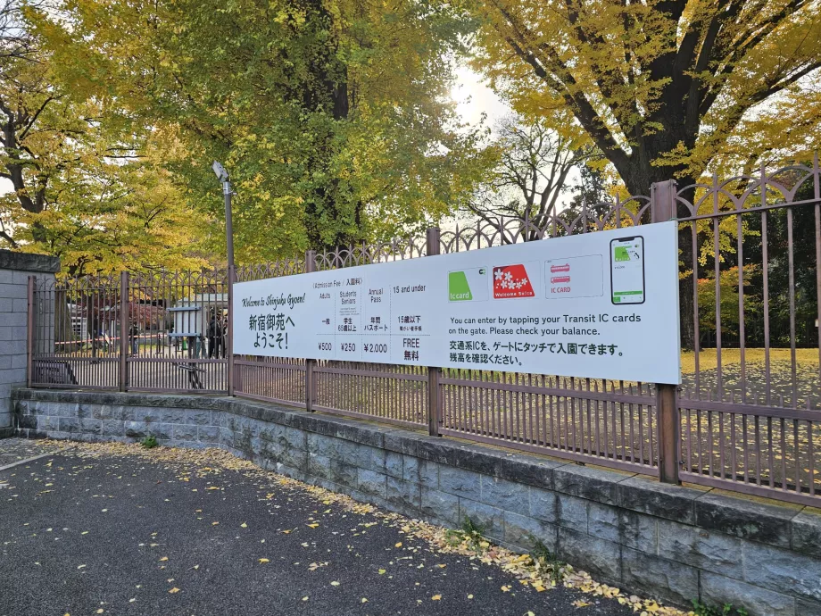 Jardin national de Shinjuku Gyoen, informations à l'entrée