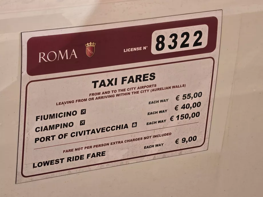Prix officiels des taxis à Rome