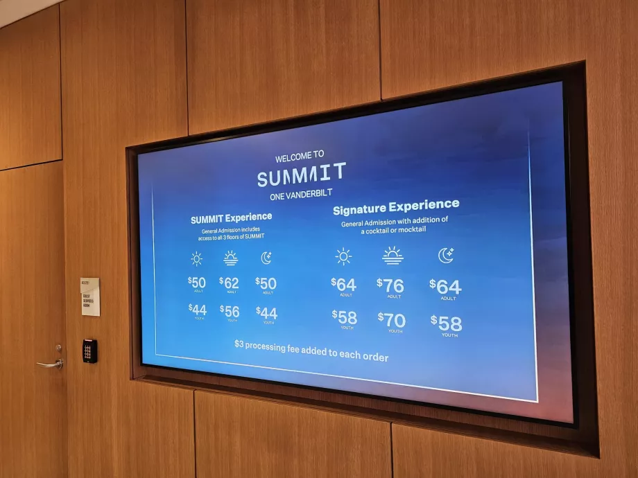 Summit One Vanderbilt, liste de prix