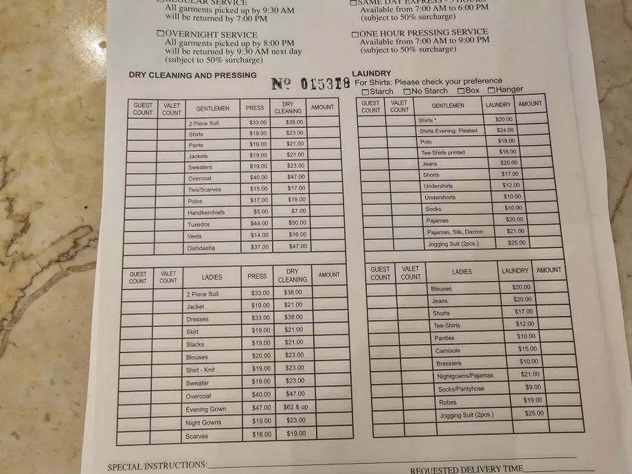 Prix du service de blanchisserie