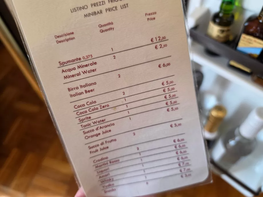 Liste de prix du minibar