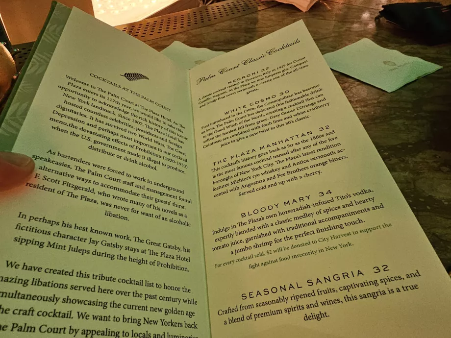Menu de cocktails au restaurant Palm Court