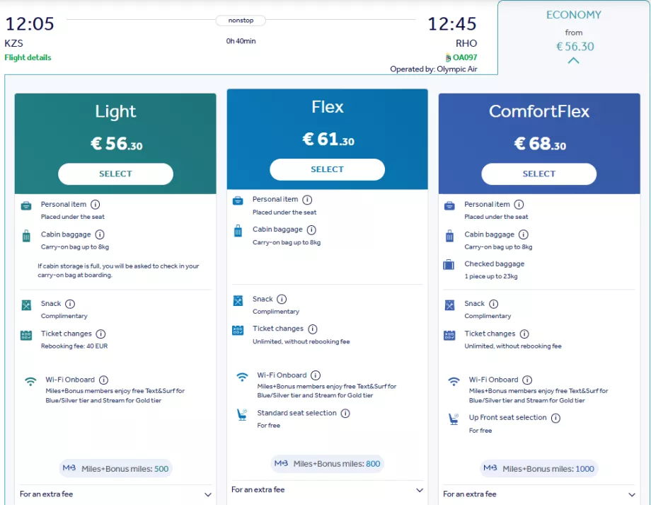 Classes tarifaires d'Olympic Air