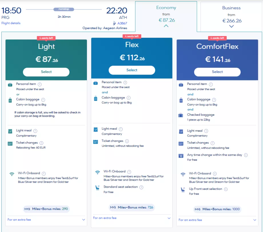 Classes tarifaires d'Aegean Airlines