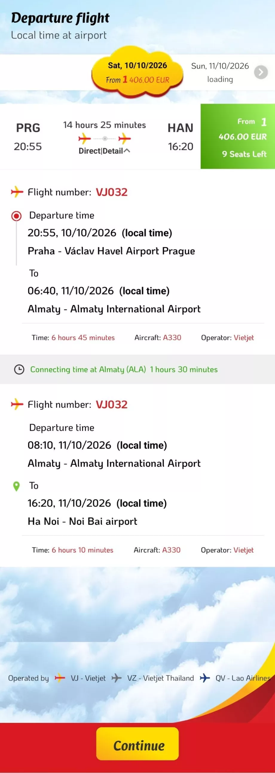 Horaires de vol Prague - Hanoi